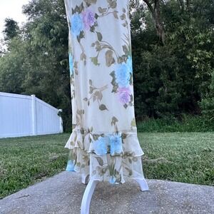 Vintage Feminine Floral Ruffle Maxi Skirt Coquette Women 16 Fairy Cream Blue